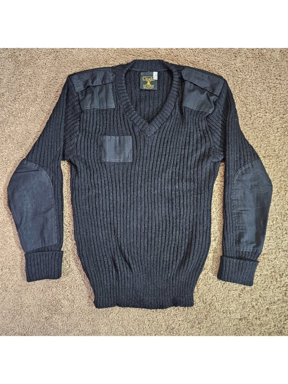 Citadel British Commando Sweater Mens UK 42 Black Wool V Neck Elbow Patch Army